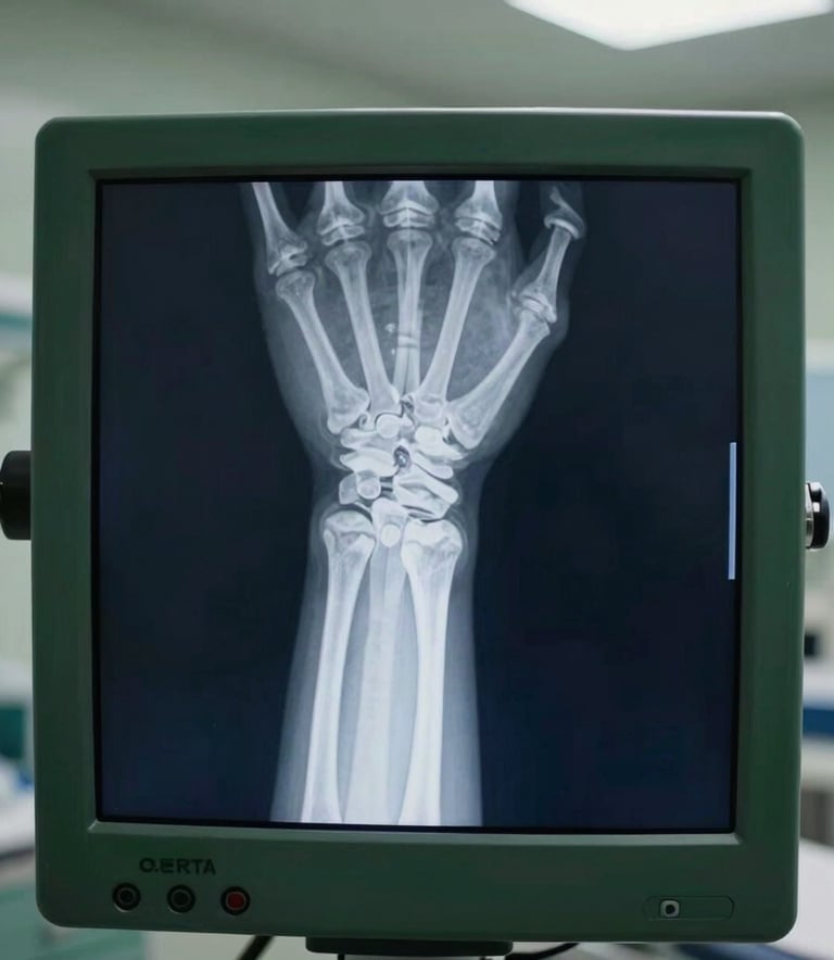 A close-up of a digital X-ray screen showing a detailed bone structure, in a clean medical setting with dark navy and forest green accents.