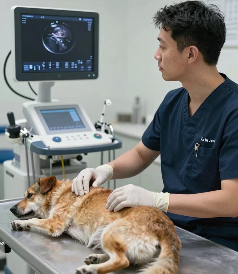 A veterinarian performing an ultrasound on a dog in a low-stress, quiet room with professional medical equipment.