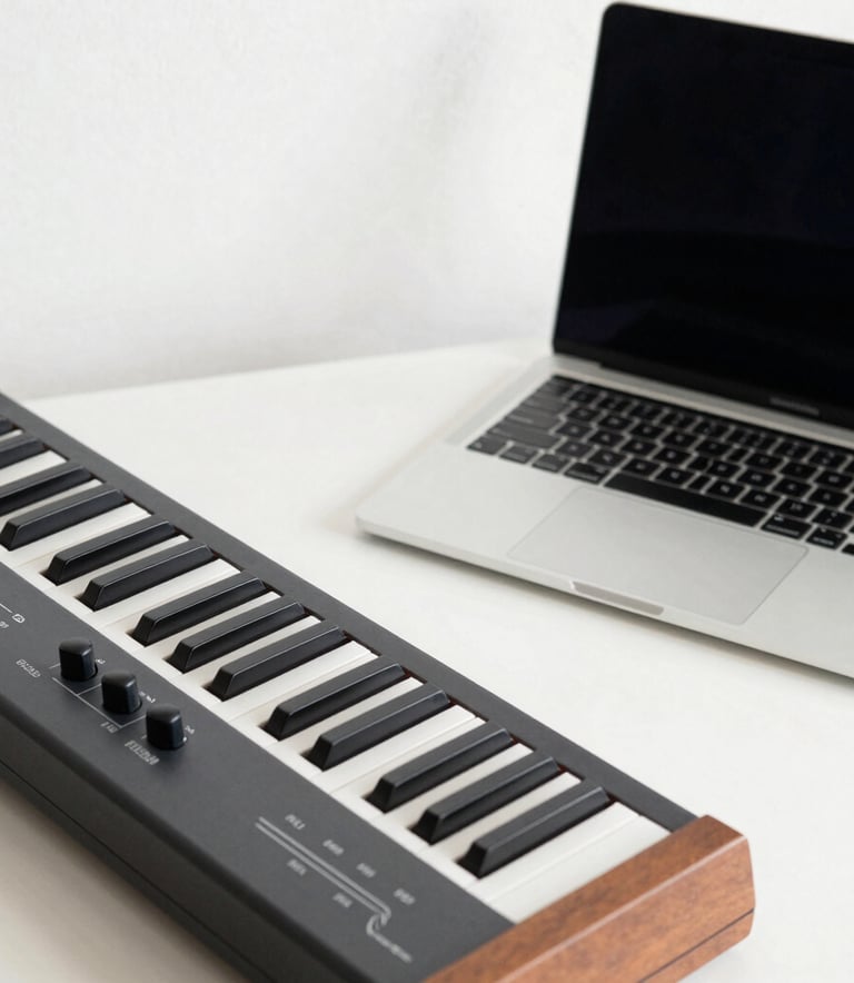 A cozy Scandinavian-style office with light wood furniture. On a clean desk sits a modern MIDI keyboard next to a sleek consumer ethernet switch. The room is flooded with soft morning light, and a wall in the background is painted in a muted Nordic grey blue.