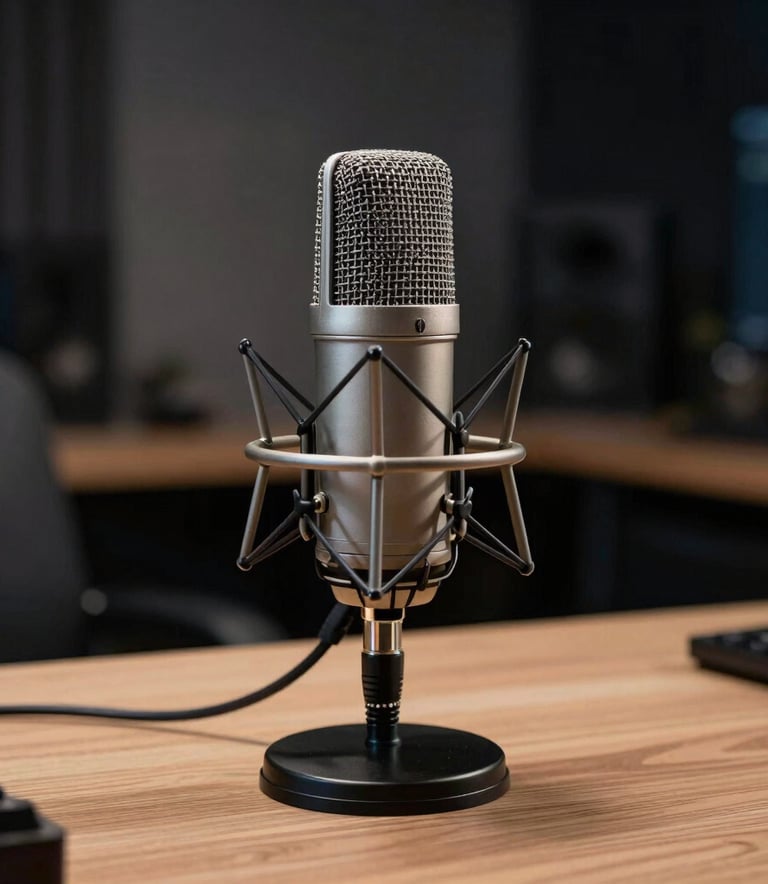 A detailed close-up shot of a professional studio microphone. A high-quality braided ethernet cable in nordic grey blue is connected to a sleek interface nearby. The lighting is soft and professional, highlighting the textures of the metal and fabric.