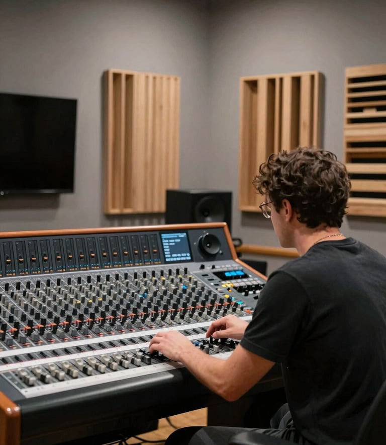 A medium shot of a musician from behind, looking over a large music studio mixing board. The room features a minimalist Scandinavian design with cool grey walls and warm wood acoustic treatments. The focus is on the connection between the person and the gear.