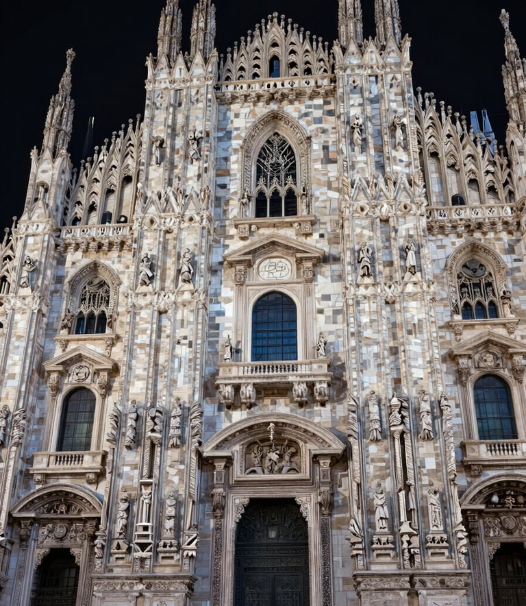 A high-resolution photograph of a 3D point cloud reconstruction of a historic European / Italian building facade. The image shows a technical, crystalline structure made of millions of data points in Technical Grey-Blue and Soft Off-White tones against a dark background, emphasizing precision and technical depth.
