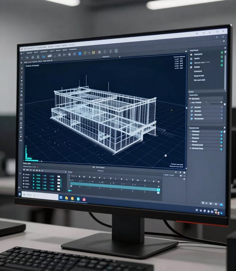 A close-up photograph of a professional workstation in a modern European / Italian engineering office. The screen displays a complex wireframe architectural model with sharp details. The environment is clean and minimalist, featuring colors like Deep Navy and Technical Grey-Blue. The lighting is focused and professional, highlighting the high-resolution quality of the data processing.