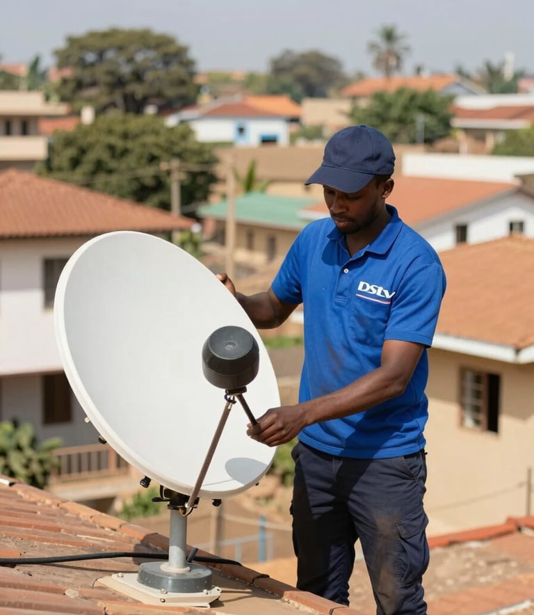 A professional technician in a clean uniform installing a DSTV satellite dish on a residential rooftop in a Mozambican neighborhood, focused on the task, bright daylight, showcasing reliable service delivery.