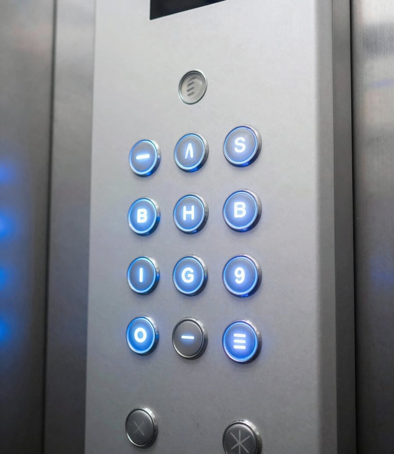 A detailed close-up shot of a modern elevator control panel with glowing buttons, located inside a corporate building in Maputo, Mozambique. The lighting highlights the Mist White and Soft Blue tones, reflecting a professional and innovative atmosphere.