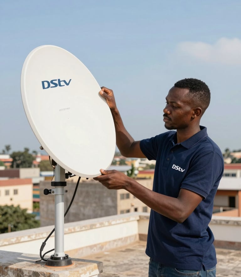 A professional technician in a branded polo shirt installing a parabolic DStv antenna on a rooftop in a East African / Mozambican city. The scene is bright and airy, with a clear sky, using Corporate Blue and Deep Navy accents in the environment.