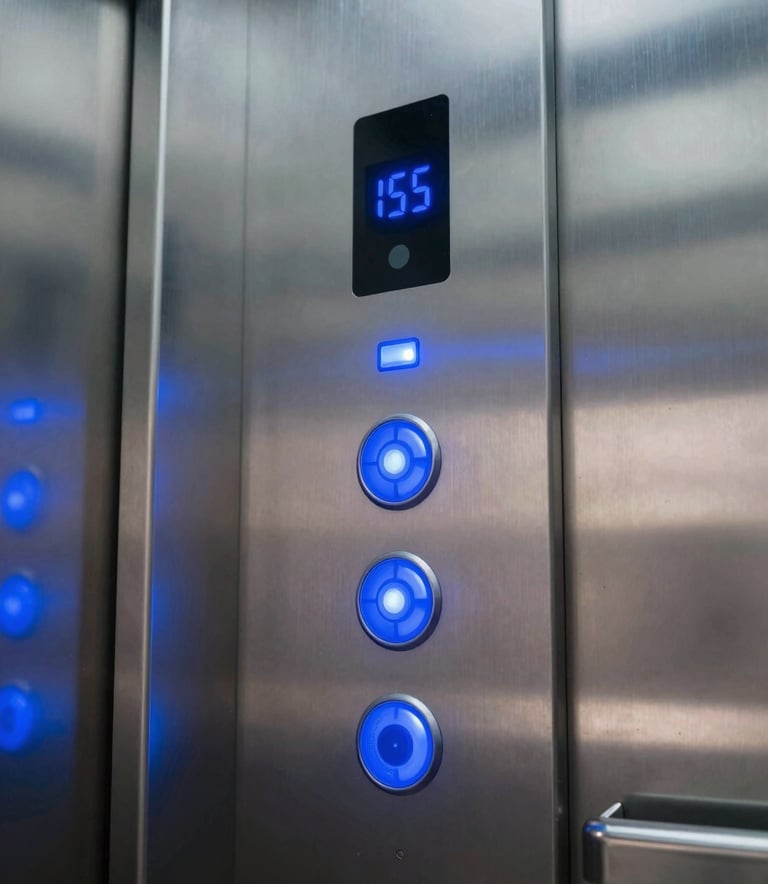 A close-up photograph of a modern, sleek elevator control panel with glowing blue lights, inside a contemporary commercial building in a Mozambican city, professional and high-tech atmosphere, incorporating Royal Blue accents.