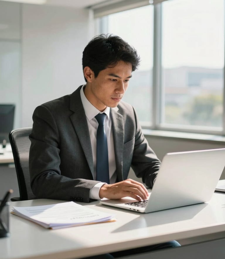 A focused South American / Brazilian professional in business attire working at a clean, modern desk in a bright office in Governador Valadares. Natural sunlight filters through large windows, highlighting a silver laptop and organized documents.