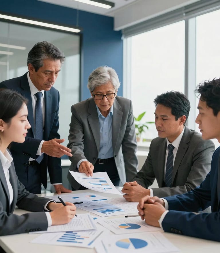 A group of diverse South American / Brazilian business professionals in formal attire discussing financial charts in a bright, modern office with dark blue accents.