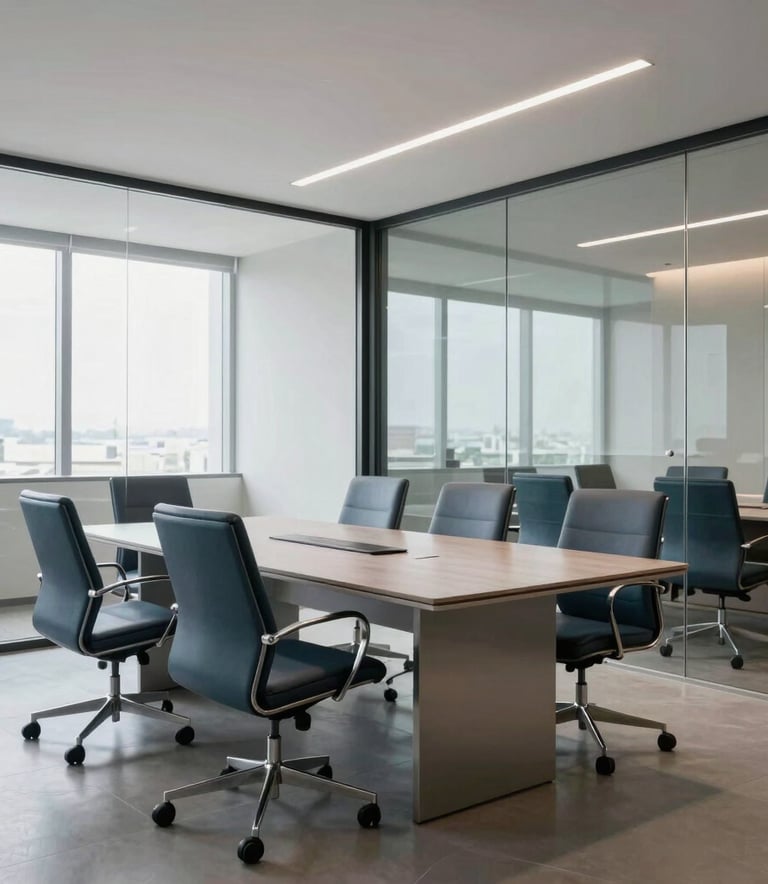 A professional and clean South American / Brazilian office interior in Governador Valadares, showing a modern conference room with glass walls and silver and muted blue furniture.