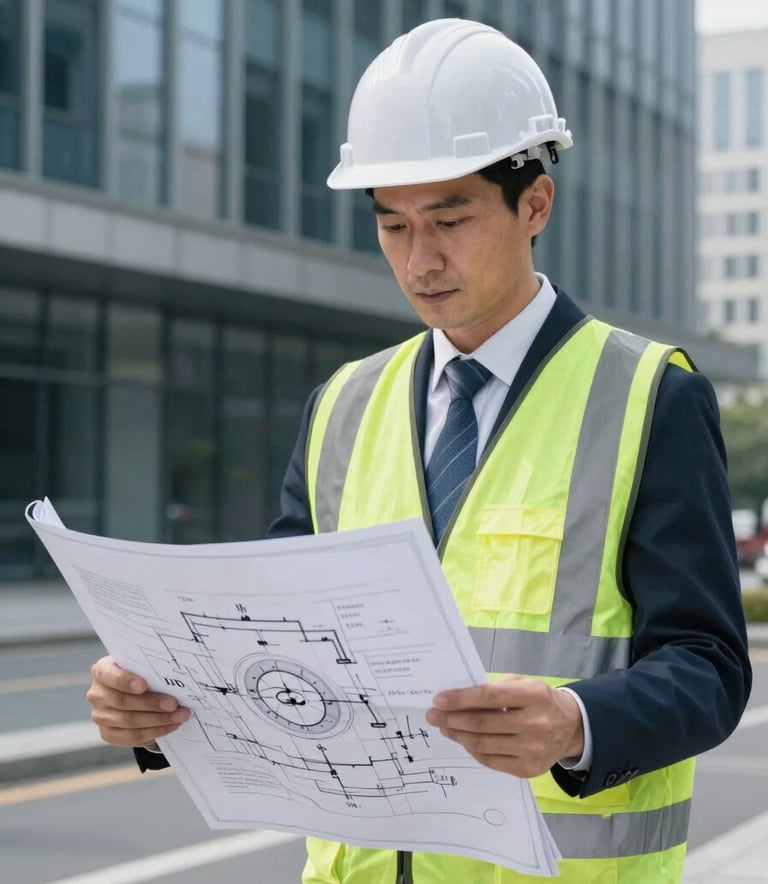 A professional engineer in a formal business setting with a safety vest, reviewing complex fire safety blueprints. The background features modern architecture in muted steel blue tones.