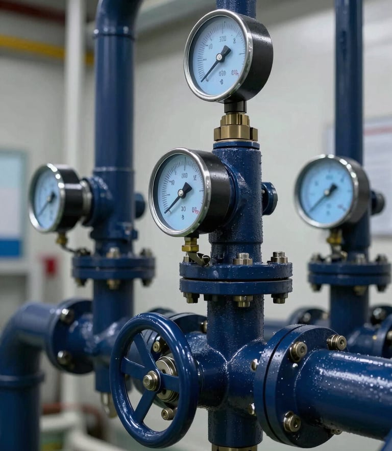 Close-up of a highly sophisticated industrial fire suppression valve system installed in a clean, modern facility. The pipes are painted in a professional dark navy blue, and the gauges reflect a soft light blue glow. The lighting is sharp and industrial, highlighting the precision engineering of the components.