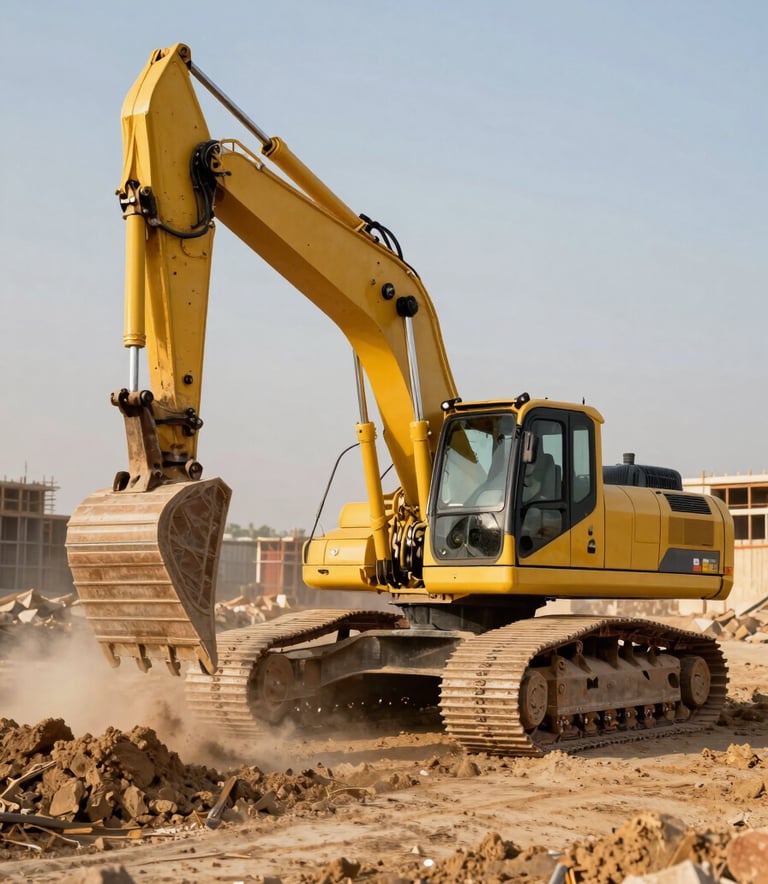 A clean, powerful yellow excavator operating on a large-scale construction site in the Middle Eastern / Gulf region. Dust rises under golden sunlight, emphasizing robust capability and industrial efficiency.