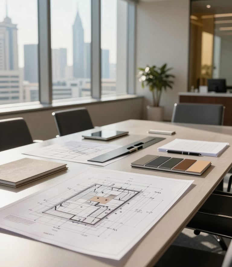 A professional business setting in a modern Dubai office building, showing a sleek conference table with architectural plans and samples of construction materials, bright sunlight through large windows, and hints of beige and gold decor.