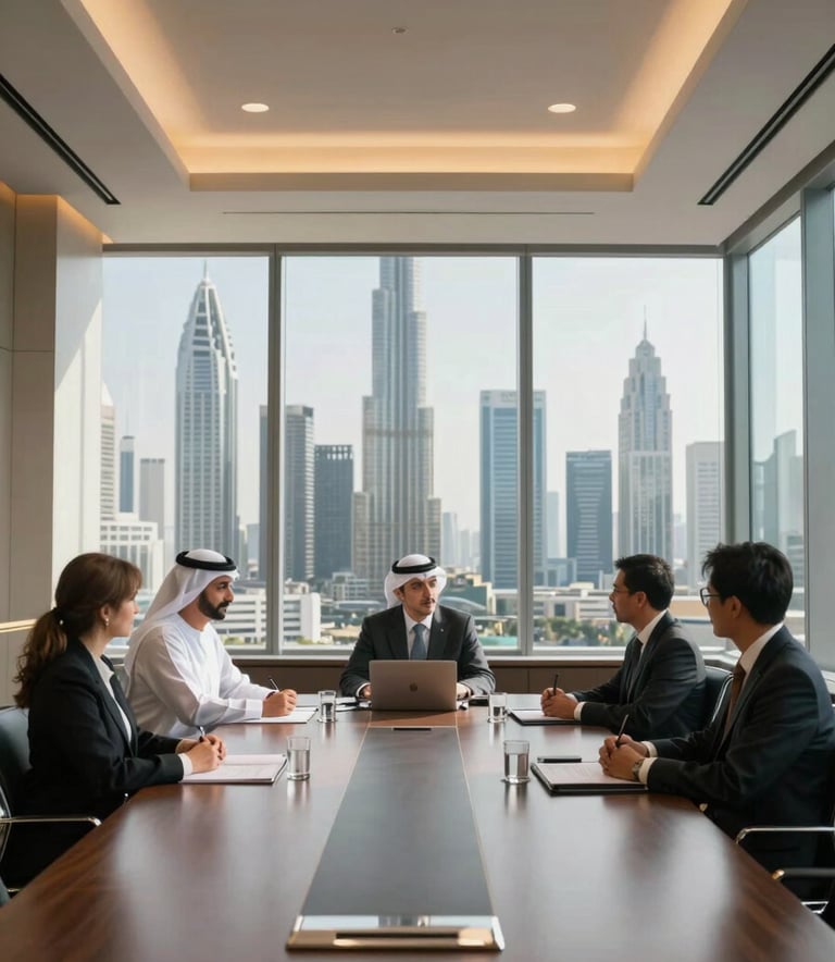 A professional executive conference room in a Dubai skyscraper with a view of a modern skyline. The interior features steel blue and gold accents, with soft sunlight streaming through floor-to-ceiling windows. Professional Middle Eastern / Gulf corporate atmosphere.