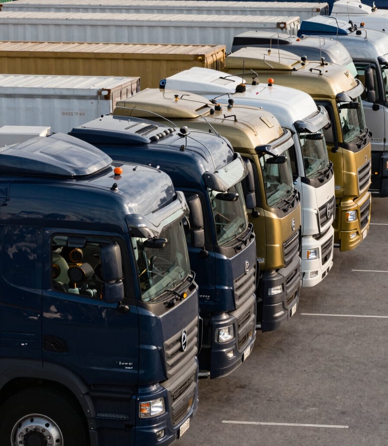 A fleet of commercial transport trucks and water bowsers lined up perfectly in a logistics hub in the Gulf, photographed at a professional side angle, featuring deep slate blue and metallic gold details on the vehicles.