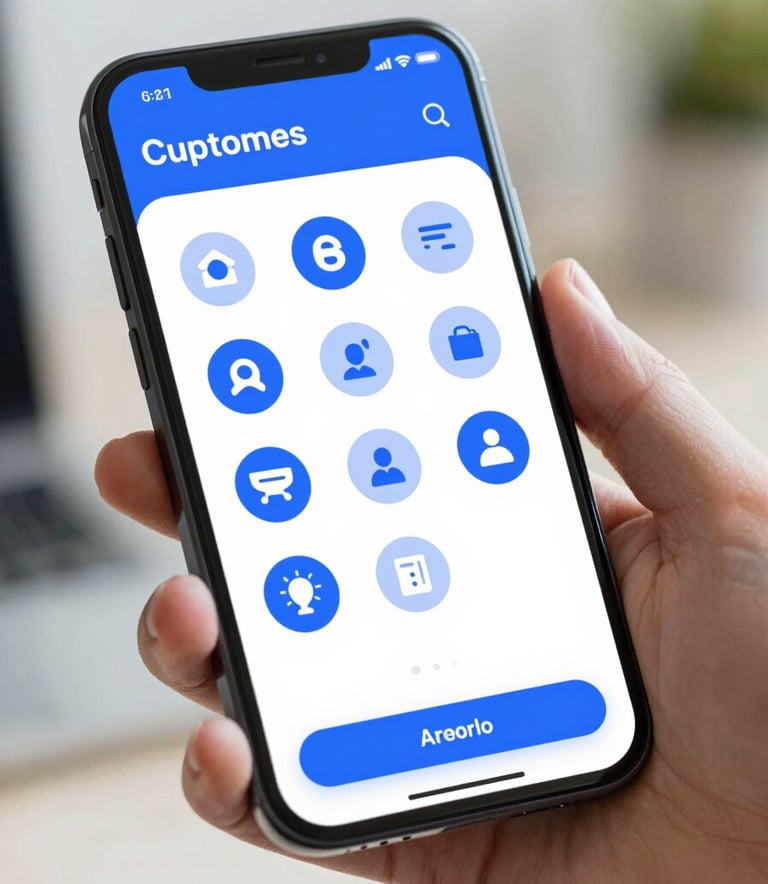 A close-up shot of a modern smartphone held by a hand, showing a professional customer support interface with clear icons. The lighting is bright and clean, reflecting a trustworthy digital environment. The color palette includes #1F3A68 and #A7B9D2 accents.