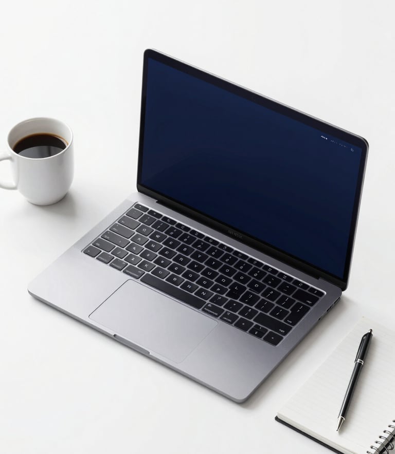 A minimalist, sleek top-down view of a modern laptop on a clean white desk. Beside it sits a coffee cup and a notepad. The image reflects sophistication and digital efficiency, featuring deep blue shadows and #F0F4F8 highlights.