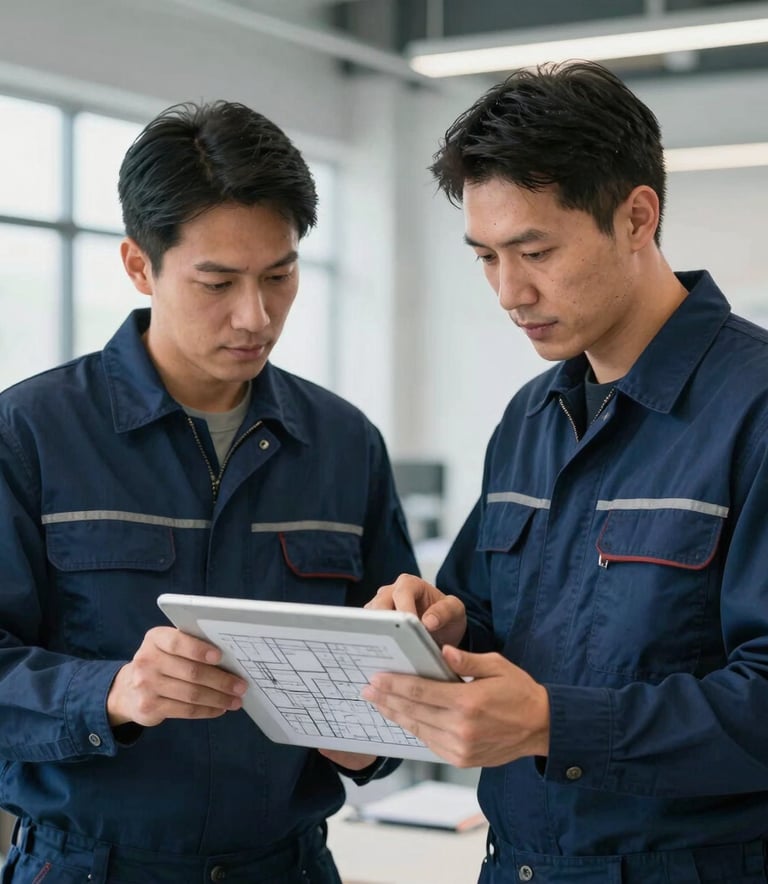 Two professional HVAC technicians in clean navy blue uniforms reviewing a digital blueprint on a tablet in a bright, modern North American commercial office setting.