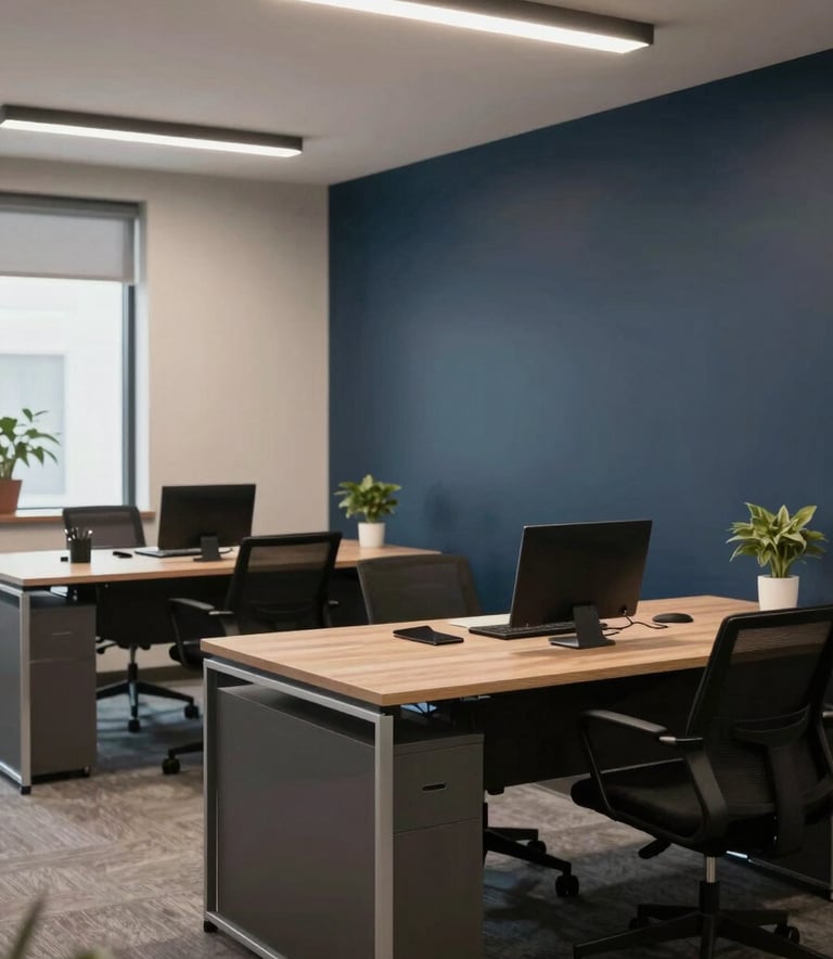 A professional interior photograph of a clean, modern leasing office in North America, featuring organized desks, a sophisticated color palette of navy and soft grey, and soft, warm ambient lighting.