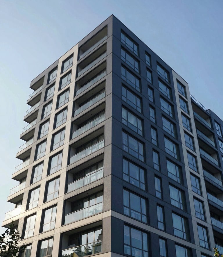 A low-angle architectural photograph of a modern North American multi-family apartment building with clean lines, large glass windows, and a sophisticated navy blue and slate grey facade under a clear morning sky.
