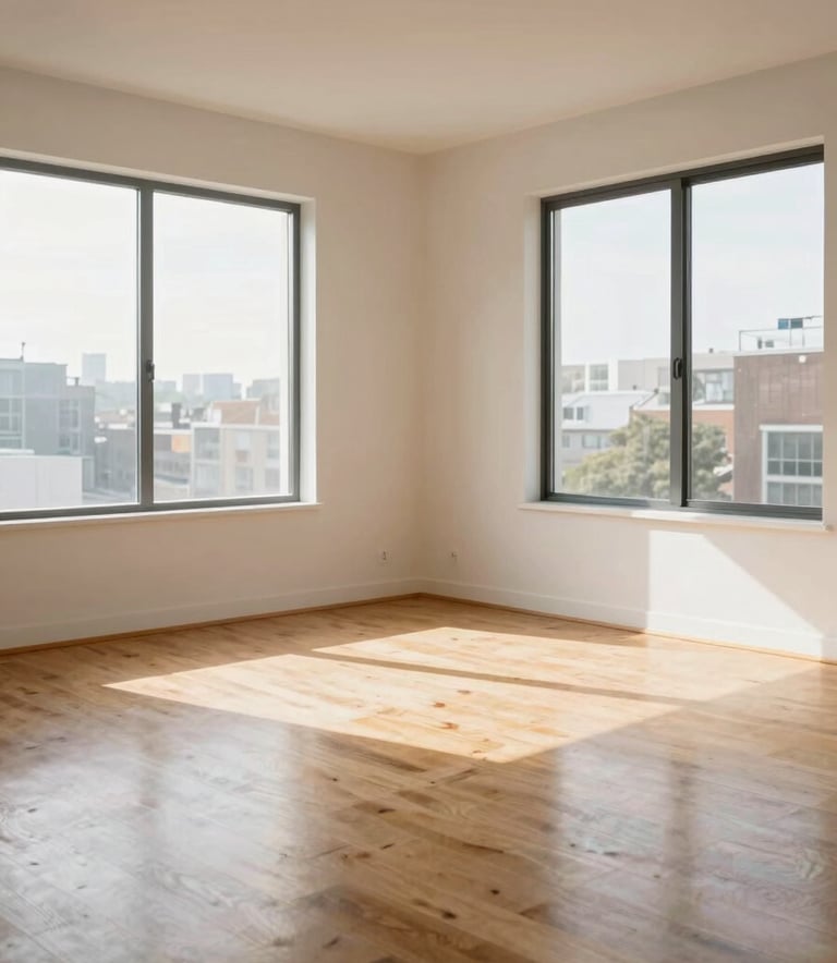 A bright, empty living room in a modern North American / US apartment with polished light wood floors and large windows letting in natural sunlight.