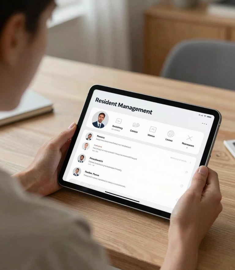 A professional person in a well-lit North American / US study, using a tablet to navigate a resident management interface in a calm, modern setting.