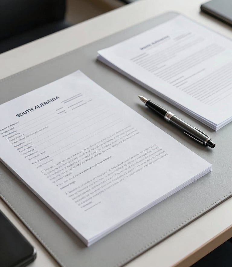 A close-up photograph of a clean, organized desk in a South American corporate office, featuring high-quality paper documents, a professional fountain pen, and a light grey leather desk mat. The lighting is soft and natural, emphasizing a professional and precise atmosphere with slate grey and off-white tones.