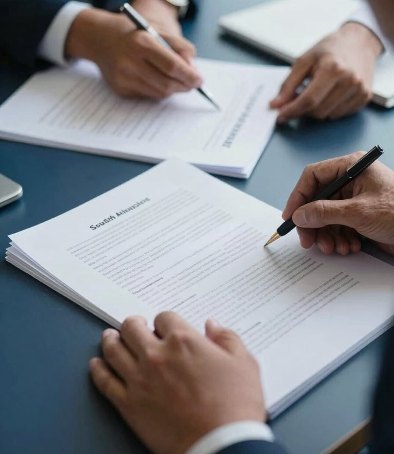 Close-up of professional hands in a South American corporate setting, carefully organizing high-quality paper documents on a dark blue surface. The lighting is crisp and modern, emphasizing precision and professionalism.