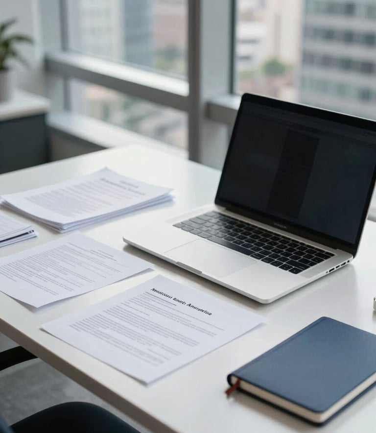 A clean, modern office desk in a South American business district. On the desk are organized white documents, a sleek silver laptop, and a dark blue notebook. Soft natural daylight from a large window reflects off the silver surfaces. Professional and organized atmosphere.