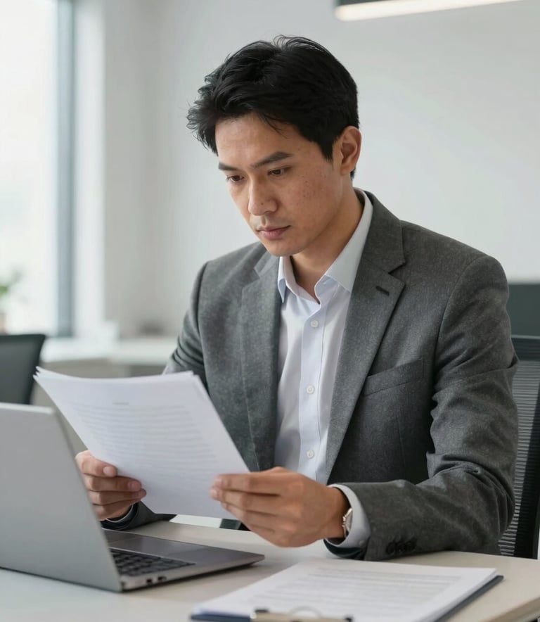 A South American professional in business attire reviewing documents with a focused expression in a bright, modern office with minimalist furniture in slate grey and light grey.
