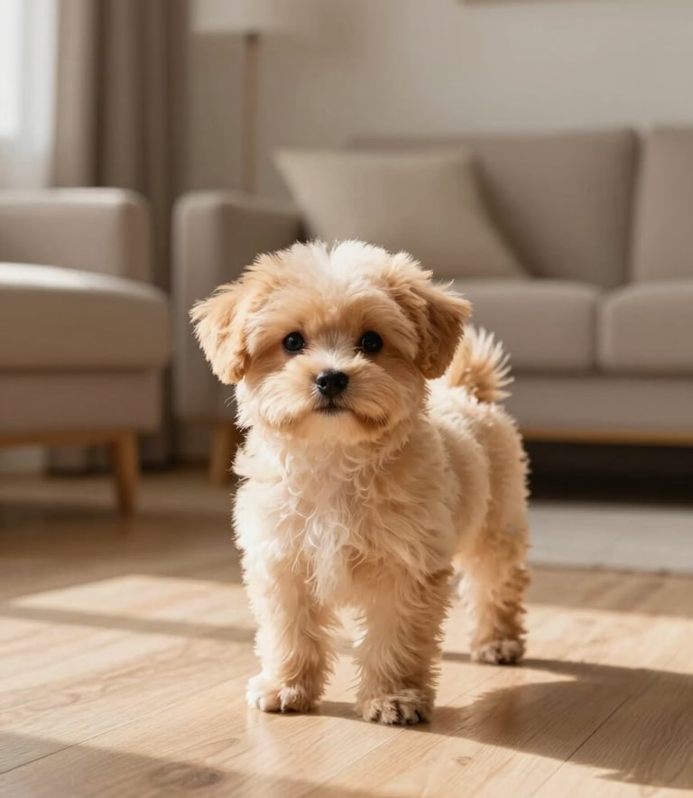 A small apricot-colored Caniche puppy standing on a clean wooden floor, looking curiously at the camera. The environment is a modern, sun-drenched family living room with minimalist decor in warm taupe tones.
