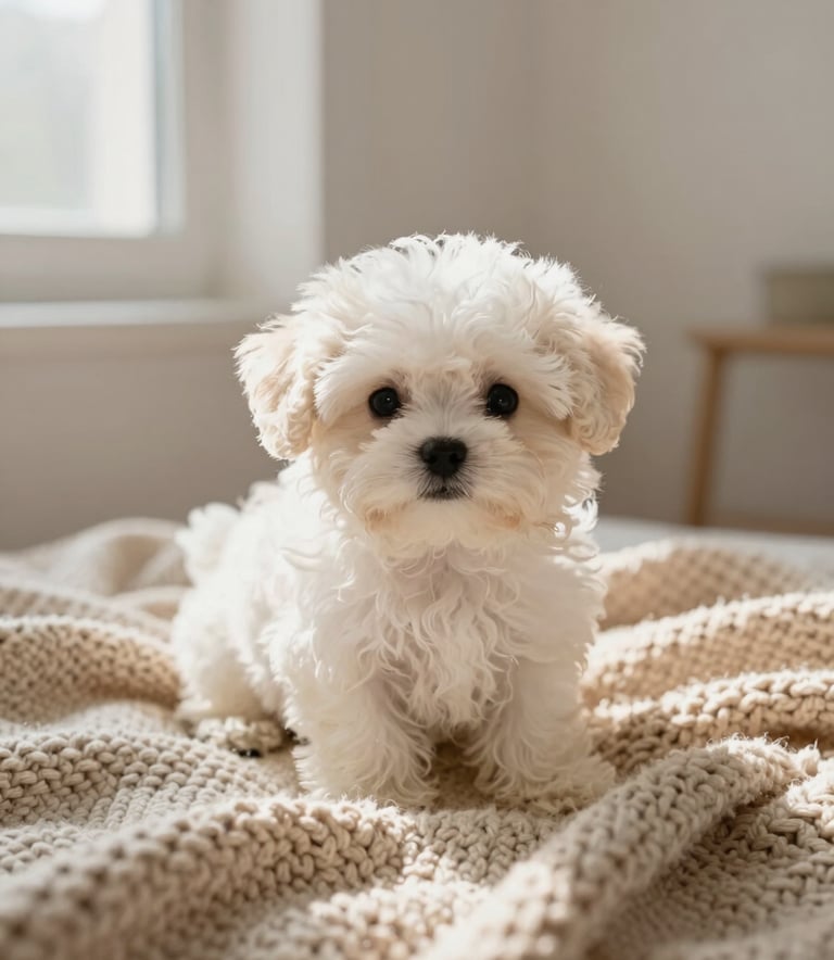 A high-end, soft-focus lifestyle photograph of a tiny Bichón Maltés puppy sitting on a luxurious almond-colored knit blanket. The lighting is warm and natural, coming from a nearby window. The setting is a minimalist, clean interior with soft off-white walls.