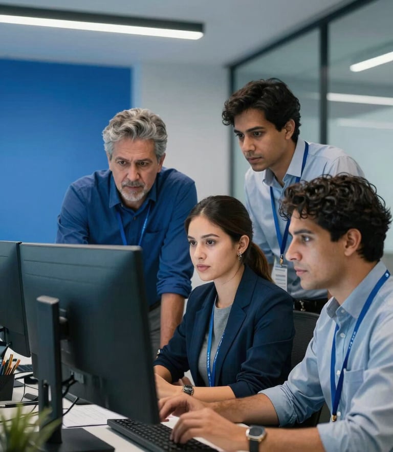 A professional team of IT consultants in a modern South American / Venezuelan office environment collaborating around a large monitor. The scene features soft sky blue lighting and royal blue office accents, conveying a sense of innovation and teamwork.