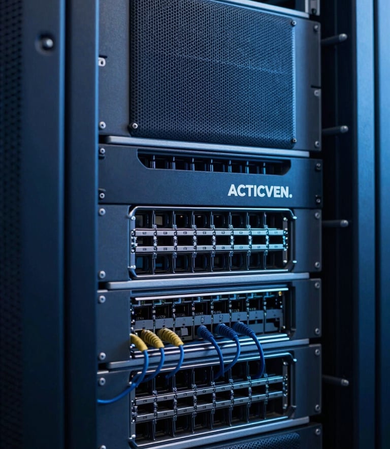 A detailed close-up of high-tech networking equipment and server racks in a data center. The lighting is deep navy blue with subtle soft sky blue highlights, symbolizing the technical expertise and reliability of ACTICVEN.