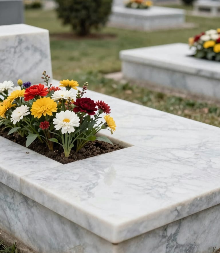 A close-up, high-quality photograph of a meticulously maintained white marble grave in a peaceful Istanbul cemetery. Fresh, vibrant seasonal flowers are planted in the soil area, and the marble surface is pristine and reflective under soft, natural daylight. The background shows blurred greenery in muted green and beige tones, creating a respectful and serene atmosphere.