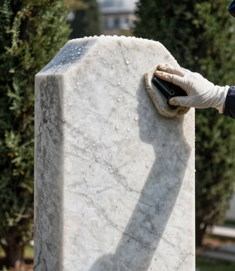 A close-up, high-quality photograph of a white marble gravestone in Istanbul being professionally cleaned, water droplets reflecting the sunlight, surrounded by lush green cypress trees, serene and respectful atmosphere, professional photography.