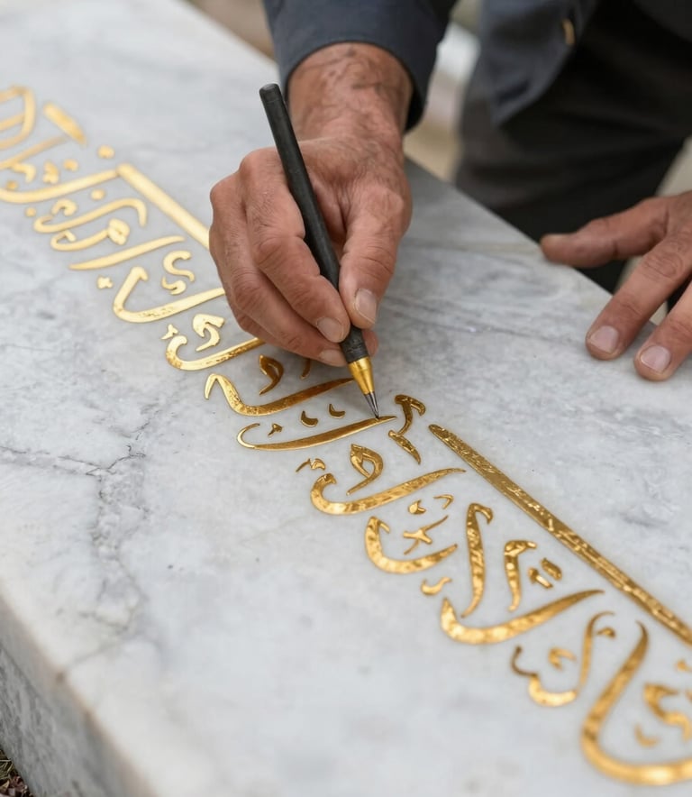 A professional photograph of a master craftsman in Istanbul carefully restoring the gold leaf calligraphy on a clean white marble gravestone, focus on the hand and the tool, elegant and respectful lighting.