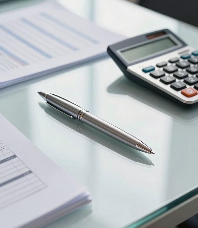 A close-up photograph of a professional glass desk featuring a sleek pen, a calculator, and organized financial documents. The lighting is bright and airy, with soft steel blue and cloud white tones reflecting a clean, modern corporate environment.