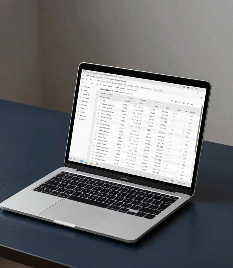 A sleek modern laptop displaying professional tax software and spreadsheets sitting on a dark navy desk in a minimal office.