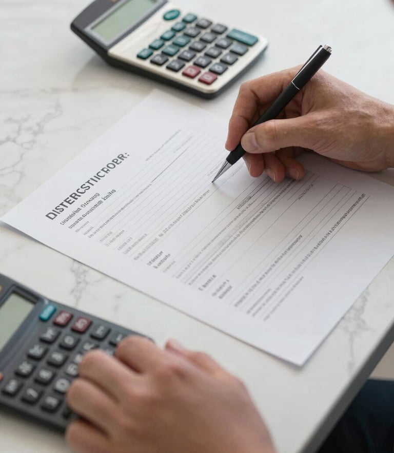 Close-up of professional hands reviewing structured financial documents and a calculator on an off-white marble desk.