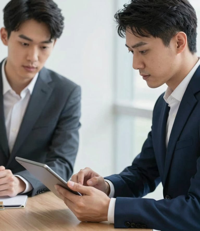 A professional business meeting in a bright room. Two professionals are seen from the side, focused on a tablet screen. The palette includes dark slate blue suits and cloud white shirts, conveying a sense of collaboration and trust.