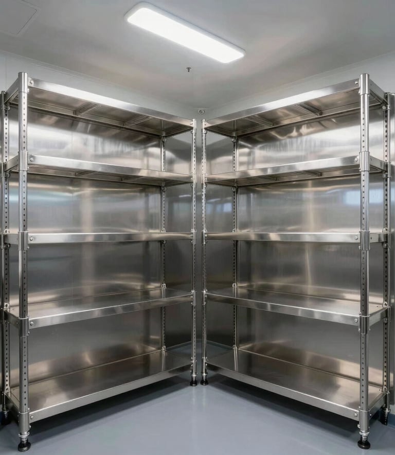 A high-end, stainless steel industrial marine cold room interior on a luxury vessel, featuring professional shelving and efficient LED lighting, clean and minimalist aesthetic.