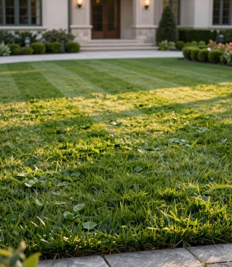 A close-up photograph of a meticulously manicured lawn and stone garden path leading to a luxury North American home at golden hour. The grass is a vibrant green with professional striping, and the lighting is soft and warm, conveying peace and order.