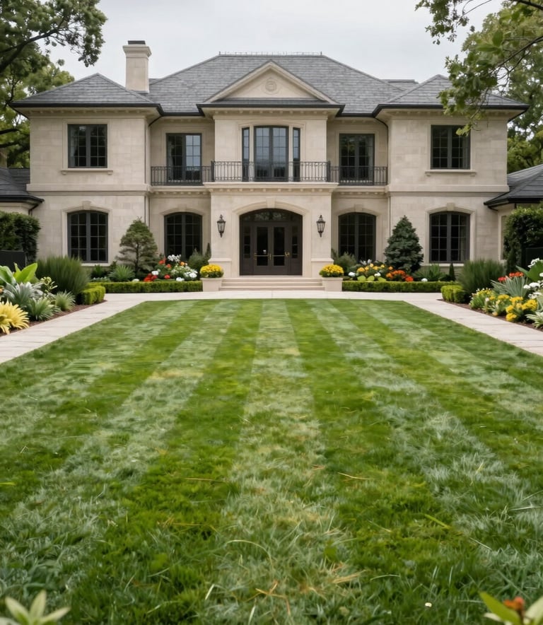 A perfectly manicured lawn and vibrant garden of a luxury North American estate, symmetrical landscaping, bright daylight, professional landscape photography.
