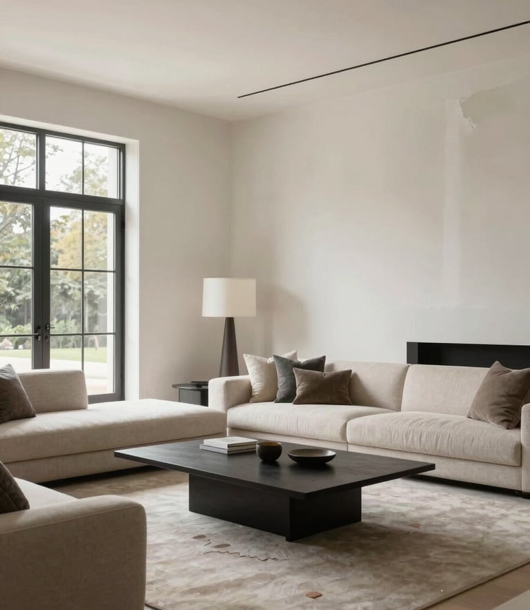 A high-end North American residential living room featuring flawless interior painting and perfectly repaired drywall, soft natural light through large windows, minimalist luxury furniture, professional photography.