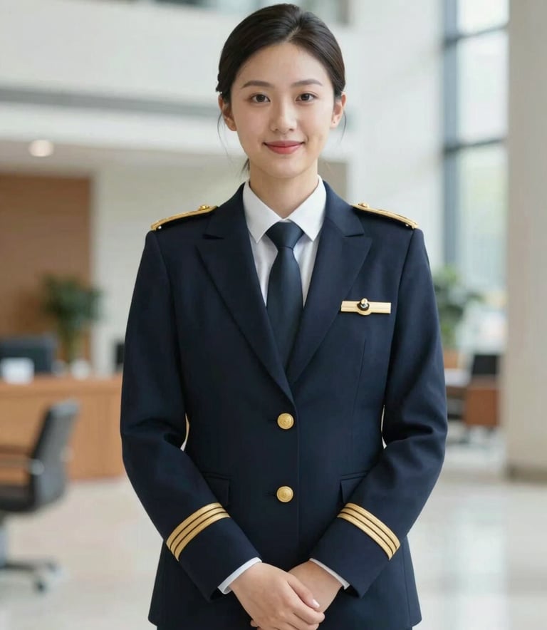 A confident professional German civil servant in a well-tailored suit, standing in a bright, modern government building interior. Professional navy and gold color palette, soft natural lighting, conveying trust.