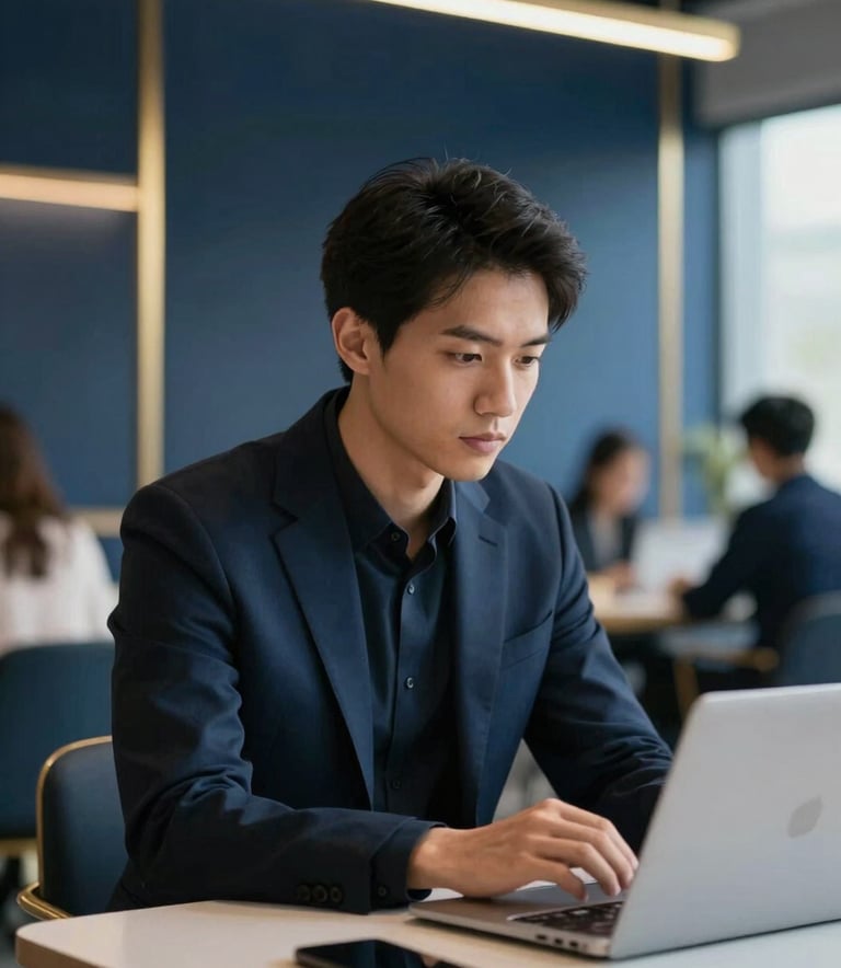 A focused entrepreneur working in a minimalist, high-end modern coworking space. The composition uses corporate navy blue tones with metallic gold architectural highlights. Sophisticated Fintech vibe.