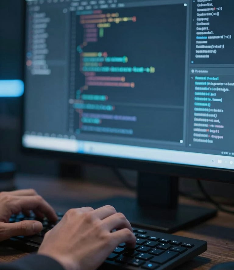 A close-up of a software developer's hands working on a keyboard with a high-resolution screen in the background displaying complex code and data analytics. Professional atmosphere with cool blue lighting (#8FAACF).
