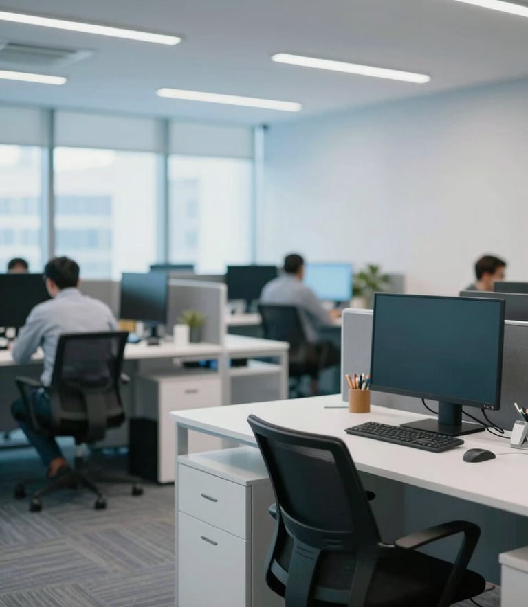 A wide-angle shot of a modern, professional IT office in Pakistan with clean lines and ergonomic workspaces. The lighting is bright and natural, incorporating shades of #3D5A7F and #E8EFF8. The mood is innovative and trustworthy.